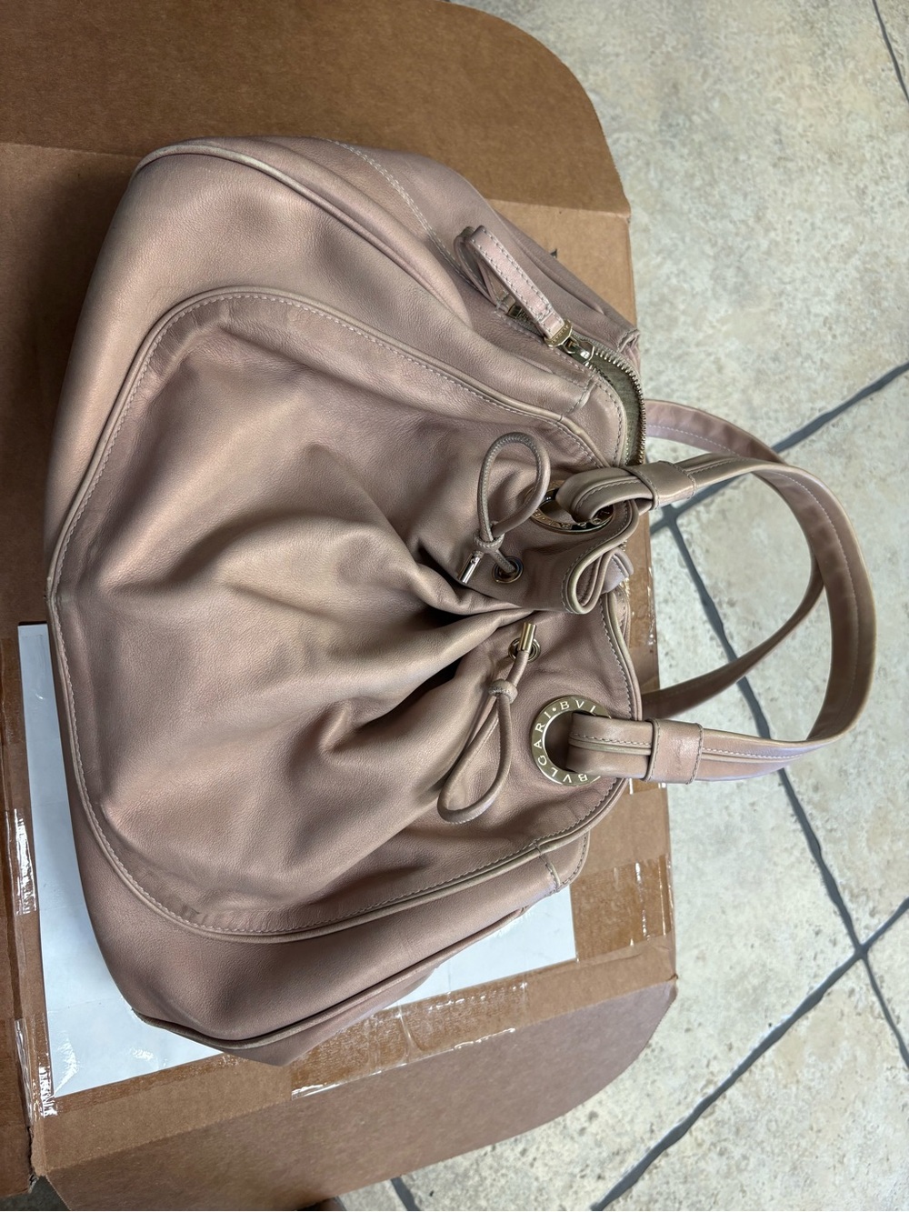 Bulgari Pink Beige Vintage Leather Shoulder Bag with Gold Hardware